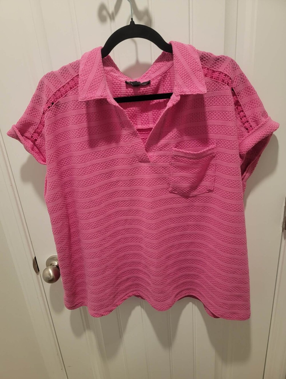 Fred David Plus Sz 3X Hot Pink Textured Collard Short Sleeve Shirt w/Tatted Lace